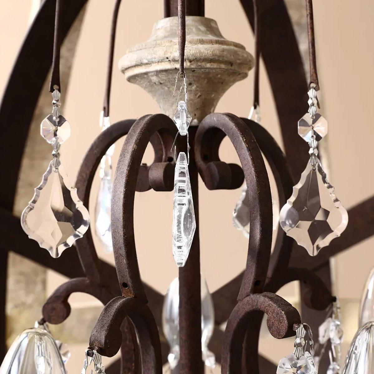 Retro Globe Chandelier with Weathered Wood and Crystal Accents