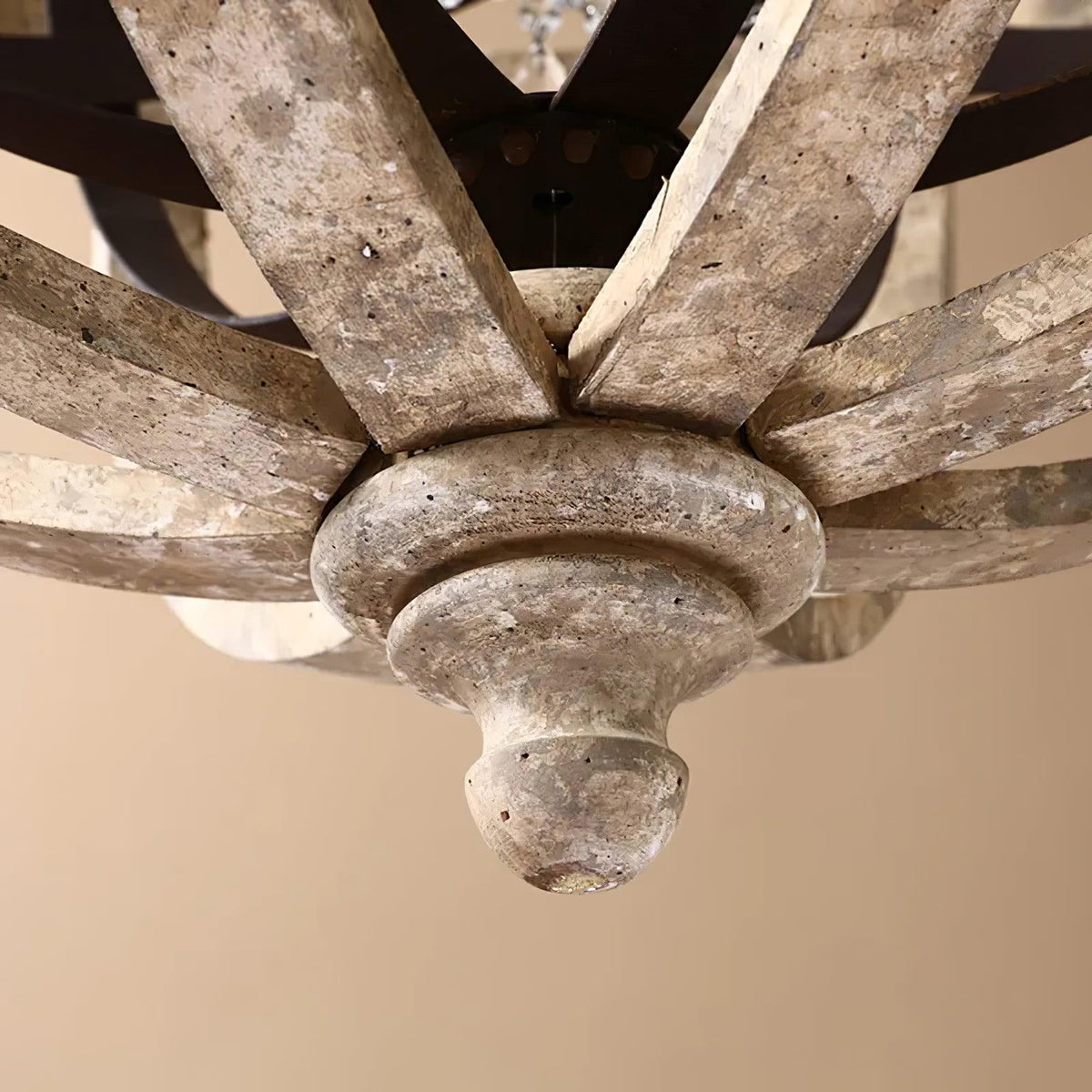 Retro Globe Chandelier with Weathered Wood and Crystal Accents