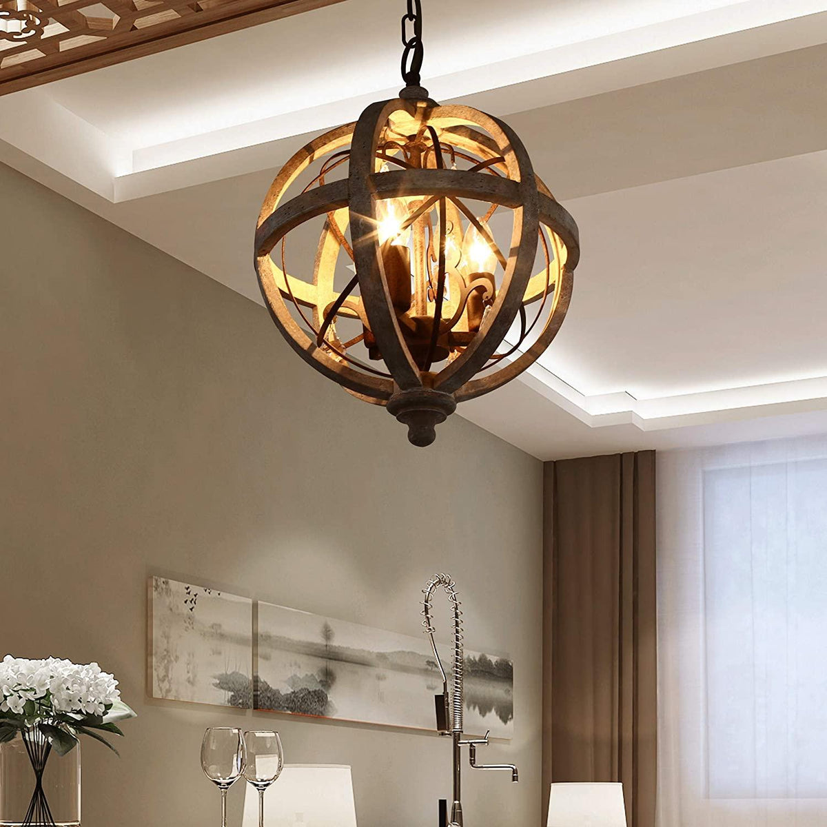 Retro Globe Chandelier with Weathered Wood and Crystal Accents