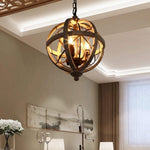 Retro Globe Chandelier with Weathered Wood and Crystal Accents