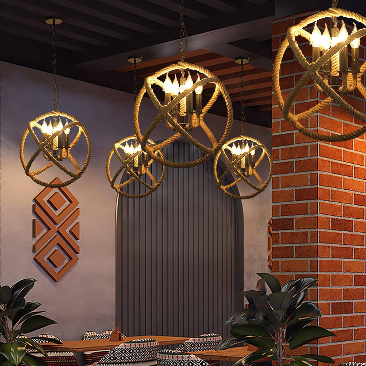 Artisan Hemp Rope Pendant Light with Iron Frame, Nordic Retro Ceiling Lamp for Living Room and Dining Room