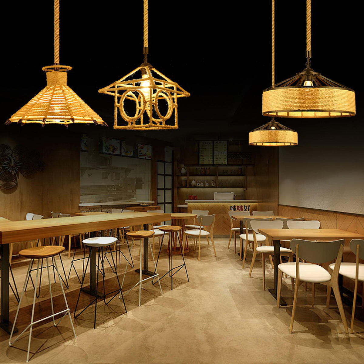 Artisan Hemp Rope Pendant Light with Iron Frame, Nordic Retro Ceiling Lamp for Living Room and Dining Room