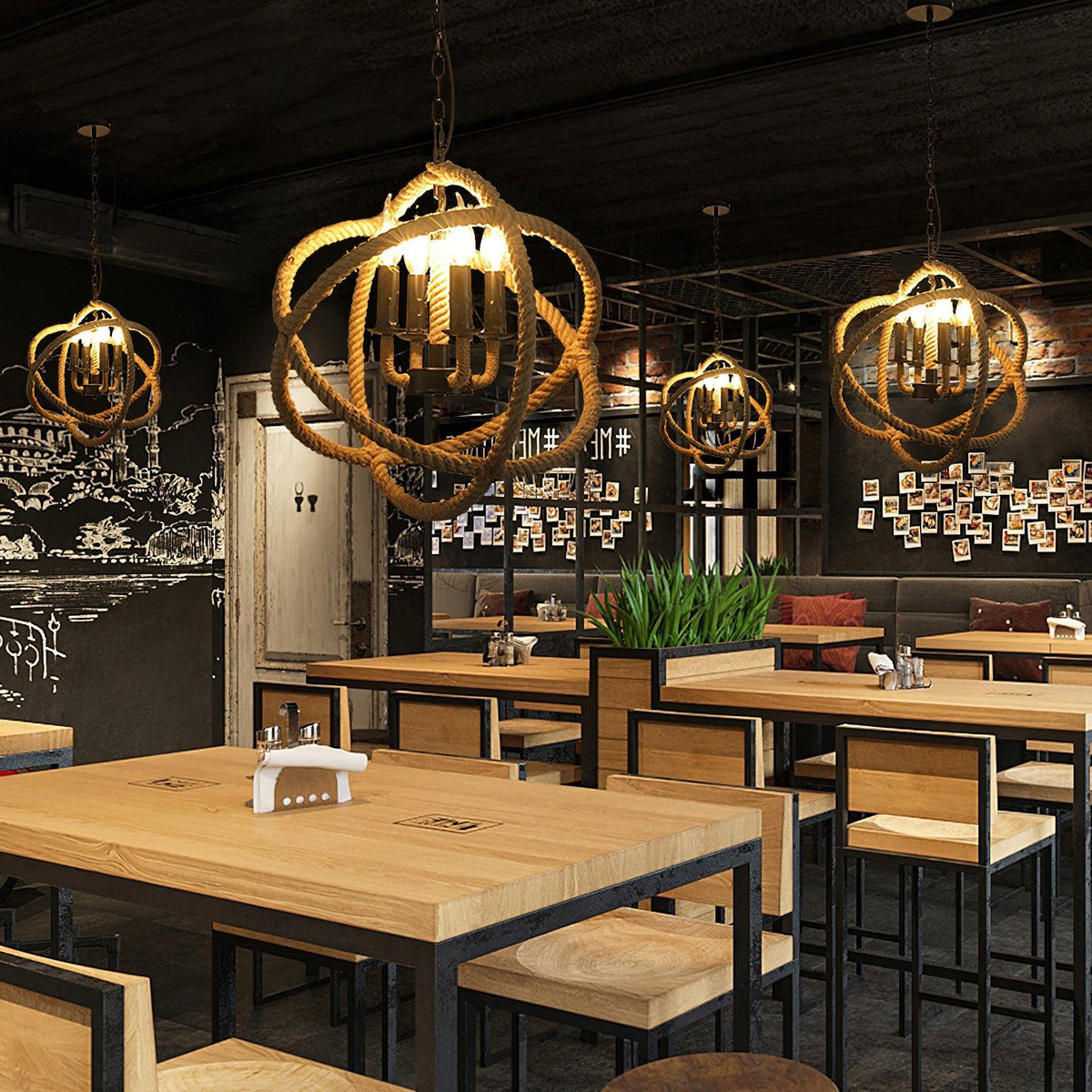 Artisan Hemp Rope Pendant Light with Iron Frame, Nordic Retro Ceiling Lamp for Living Room and Dining Room