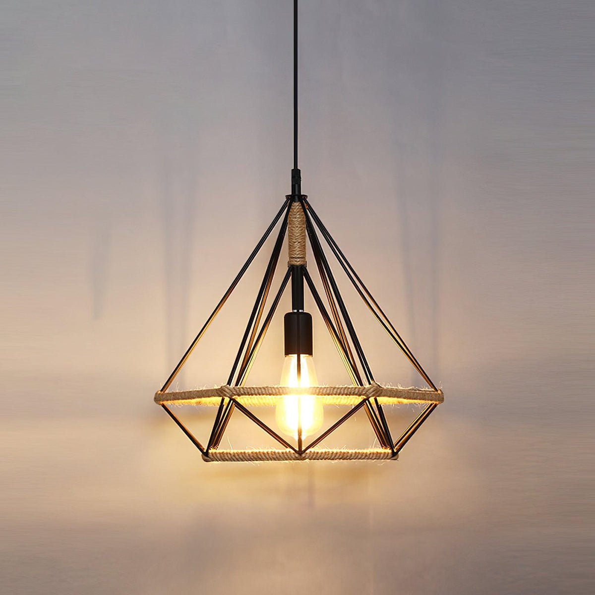 Artisan Hemp Rope Pendant Light with Iron Frame, Nordic Retro Ceiling Lamp for Living Room and Dining Room