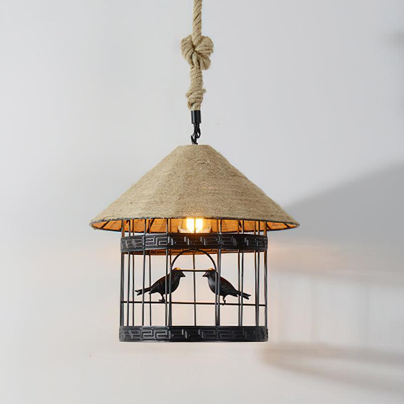 Artisan Hemp Rope Pendant Light with Iron Frame, Nordic Retro Ceiling Lamp for Living Room and Dining Room