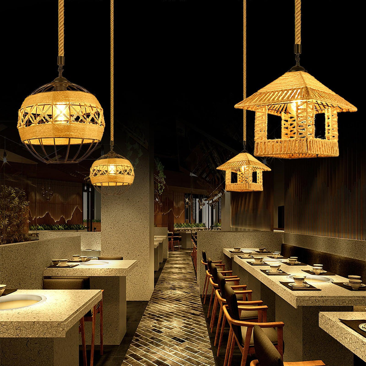 Artisan Hemp Rope Pendant Light with Iron Frame, Nordic Retro Ceiling Lamp for Living Room and Dining Room