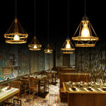 Artisan Hemp Rope Pendant Light with Iron Frame, Nordic Retro Ceiling Lamp for Living Room and Dining Room