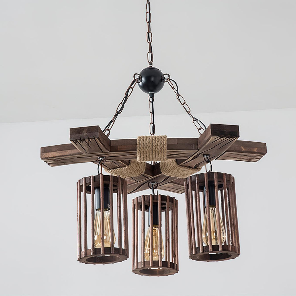 Retro Solid Wood Chandelier with Black Iron and Hemp Rope Accents