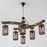 Retro Solid Wood Chandelier with Black Iron and Hemp Rope Accents