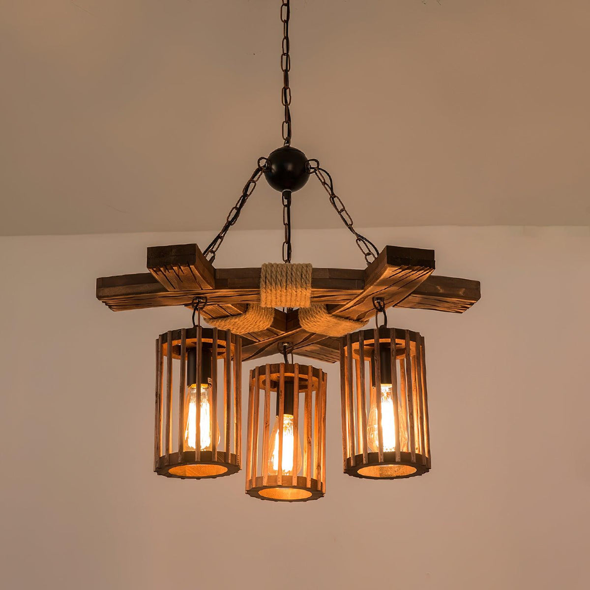 Retro Solid Wood Chandelier with Black Iron and Hemp Rope Accents