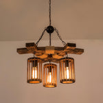 Retro Solid Wood Chandelier with Black Iron and Hemp Rope Accents
