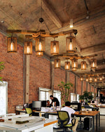Retro Solid Wood Chandelier with Black Iron and Hemp Rope Accents