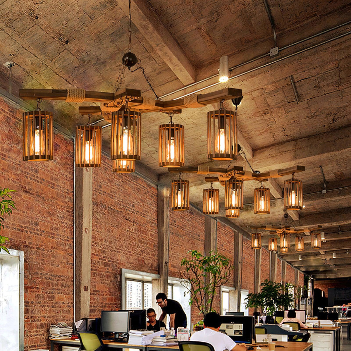 Retro Solid Wood Chandelier with Black Iron and Hemp Rope Accents