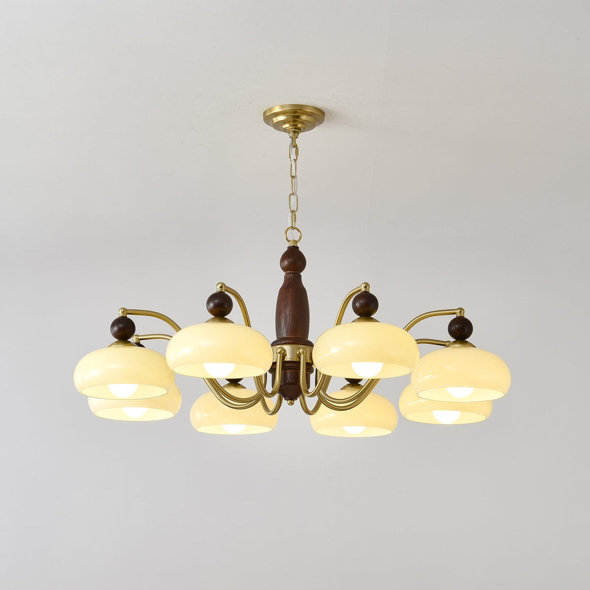 Revival Crown Chandelier in Walnut and Gold with Glass Shades