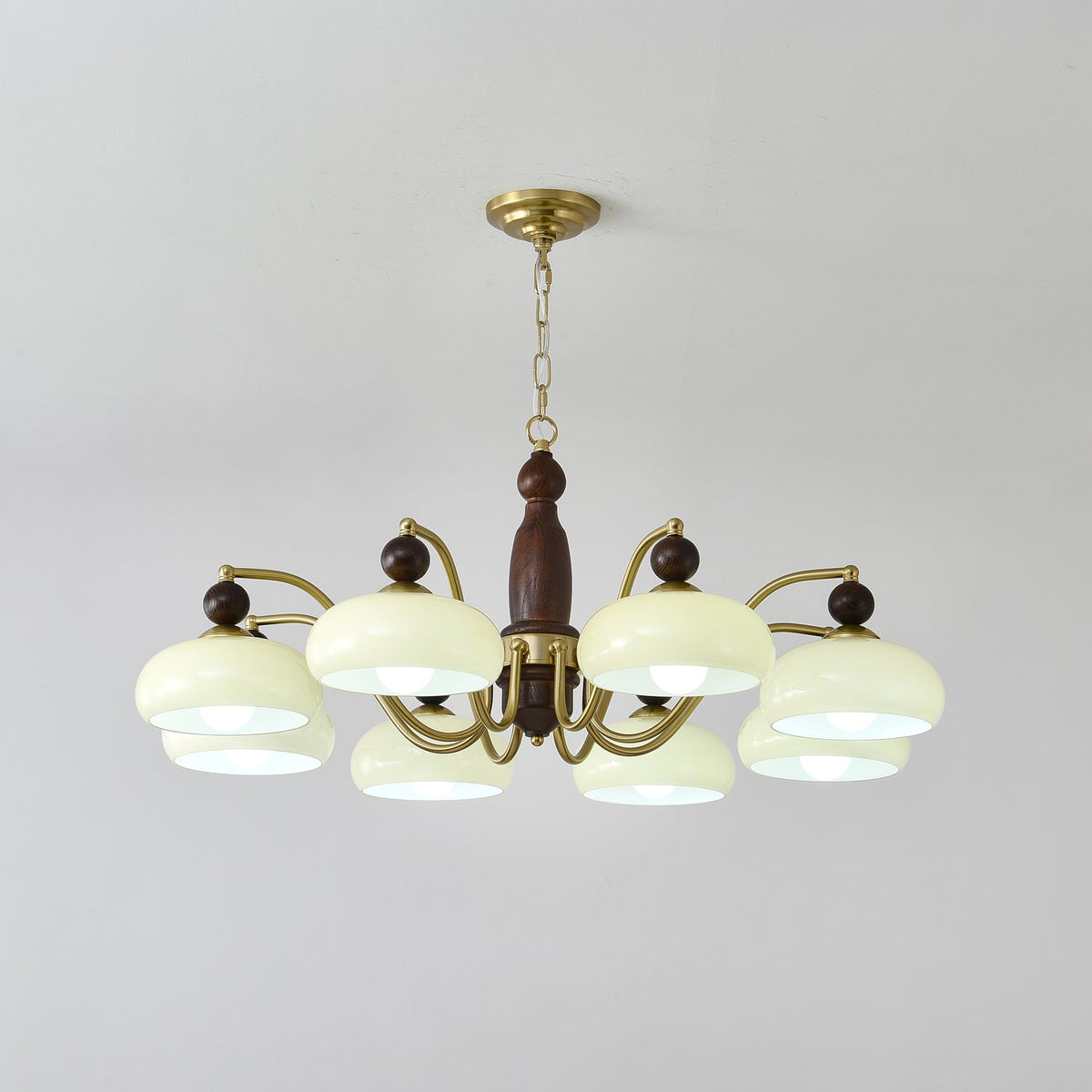 Revival Crown Chandelier in Walnut and Gold with Glass Shades