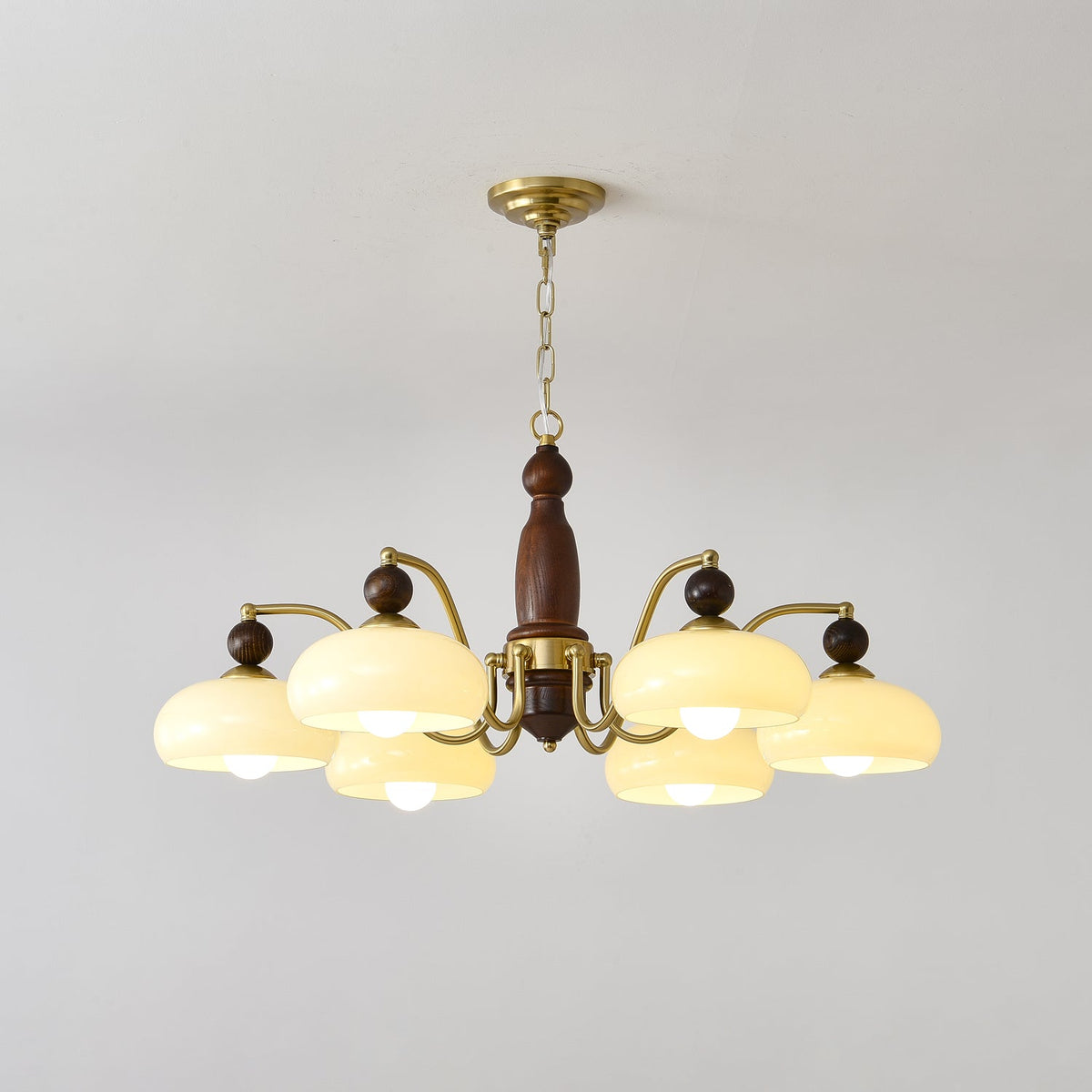 Revival Crown Chandelier in Walnut and Gold with Glass Shades