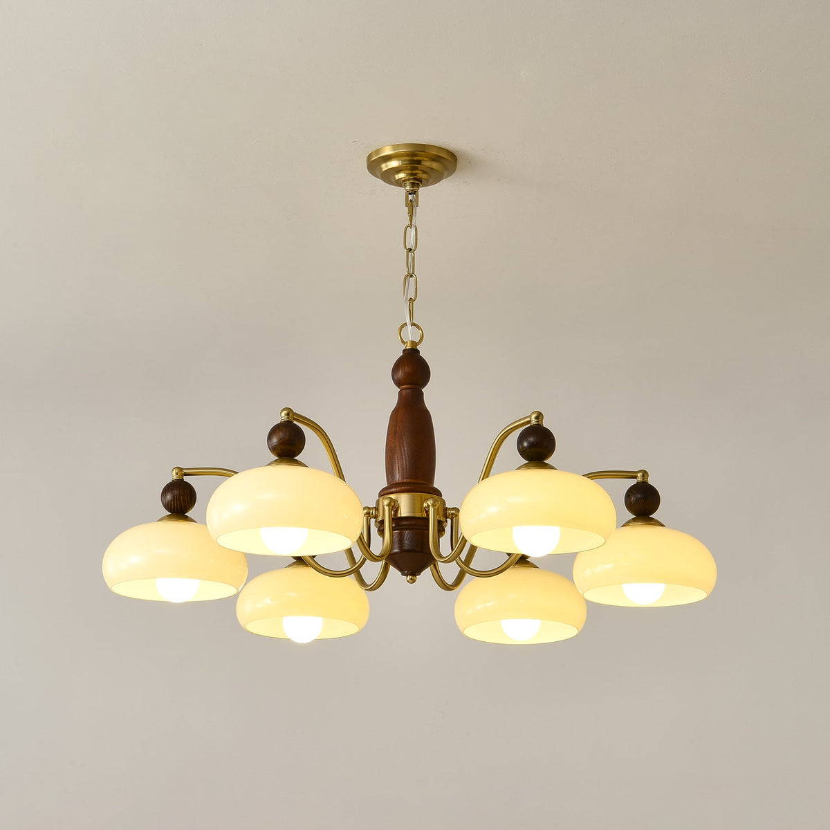 Revival Crown Chandelier in Walnut and Gold with Glass Shades