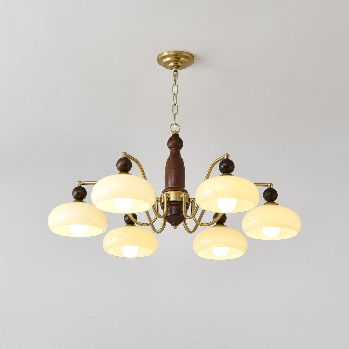 Revival Crown Chandelier in Walnut and Gold with Glass Shades
