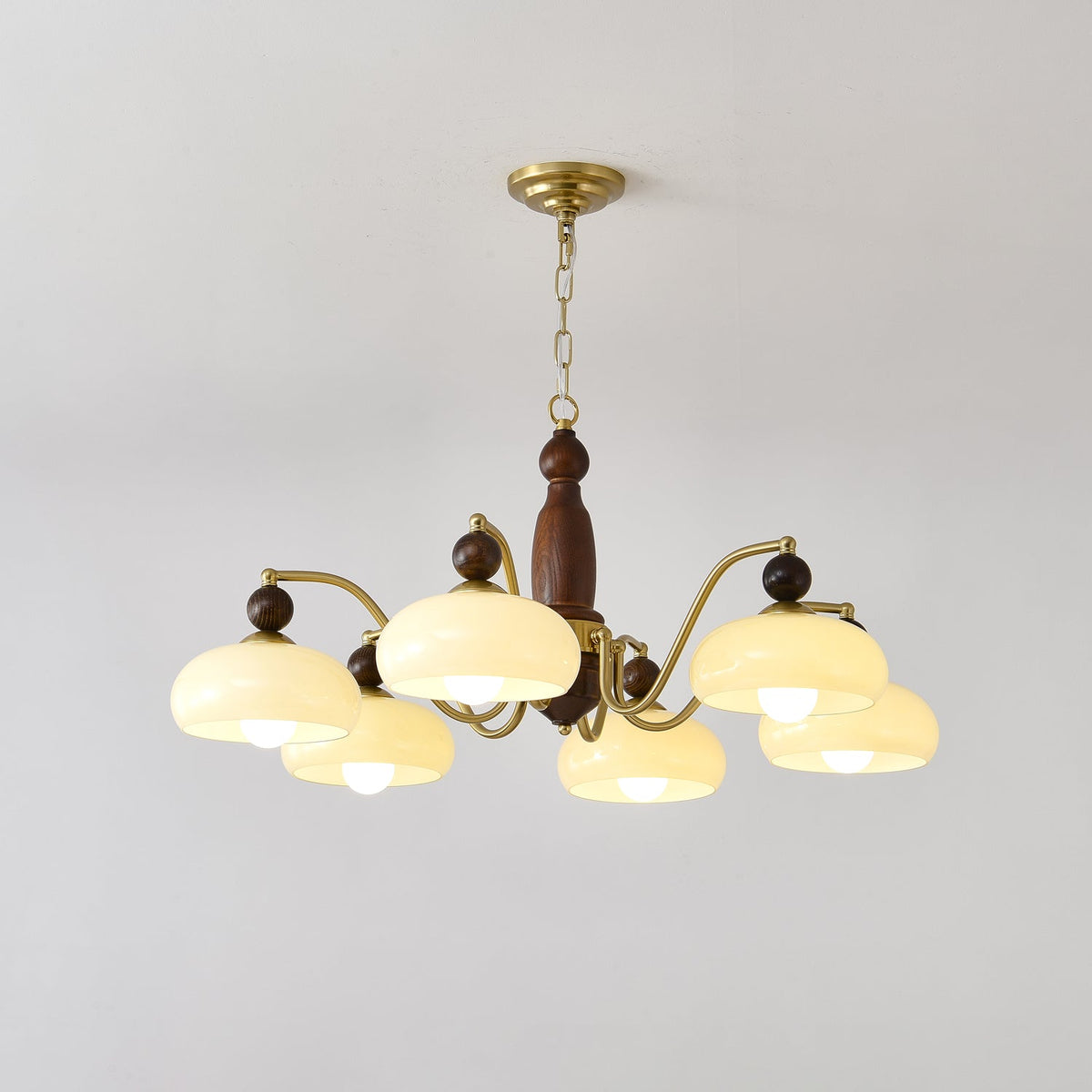 Revival Crown Chandelier in Walnut and Gold with Glass Shades