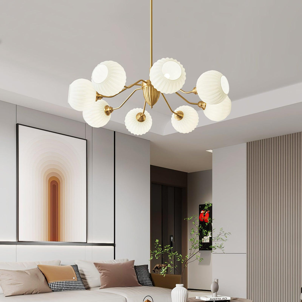 Ribbed Glass Globe Chandelier in Brass for Modern Interiors