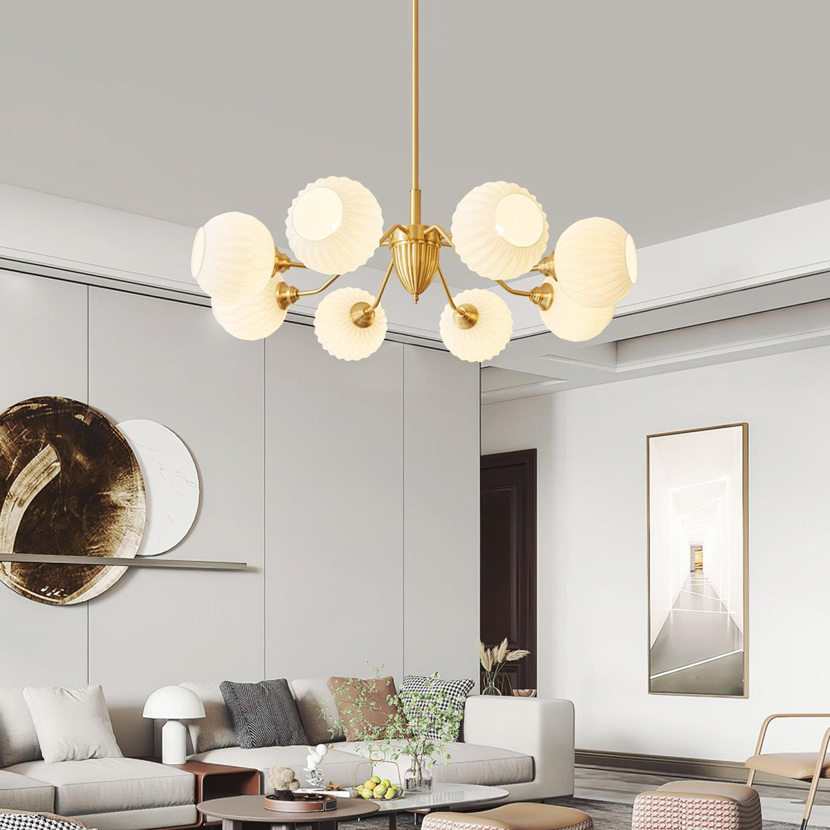 Ribbed Glass Globe Chandelier in Brass for Modern Interiors
