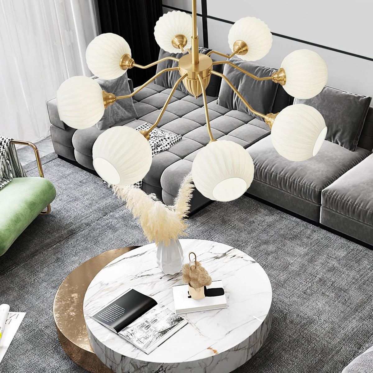 Ribbed Glass Globe Chandelier in Brass for Modern Interiors