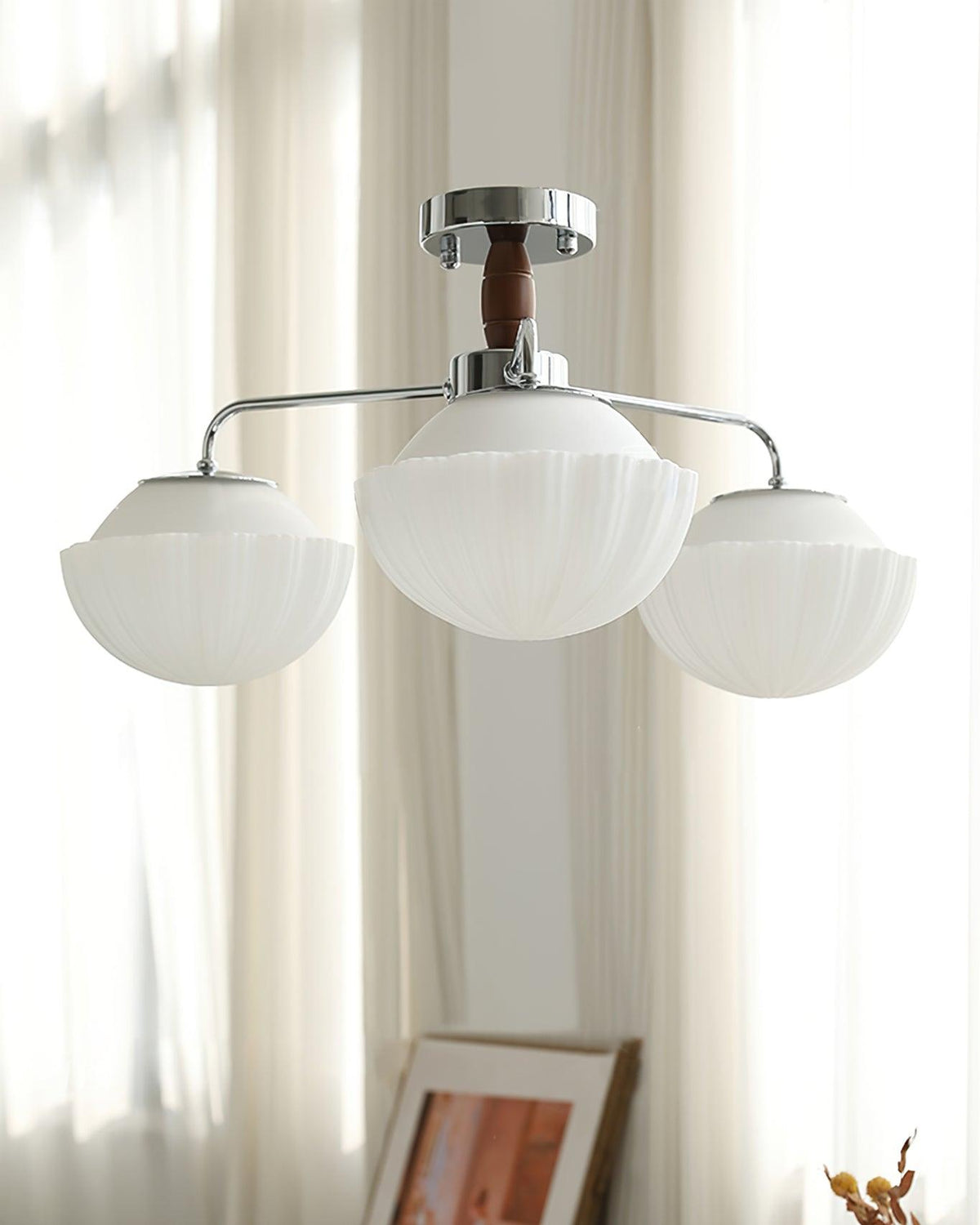 Ribbed Walnut Ceiling Lamp – Modern Flush Mount Light for Living Room & Bedroom