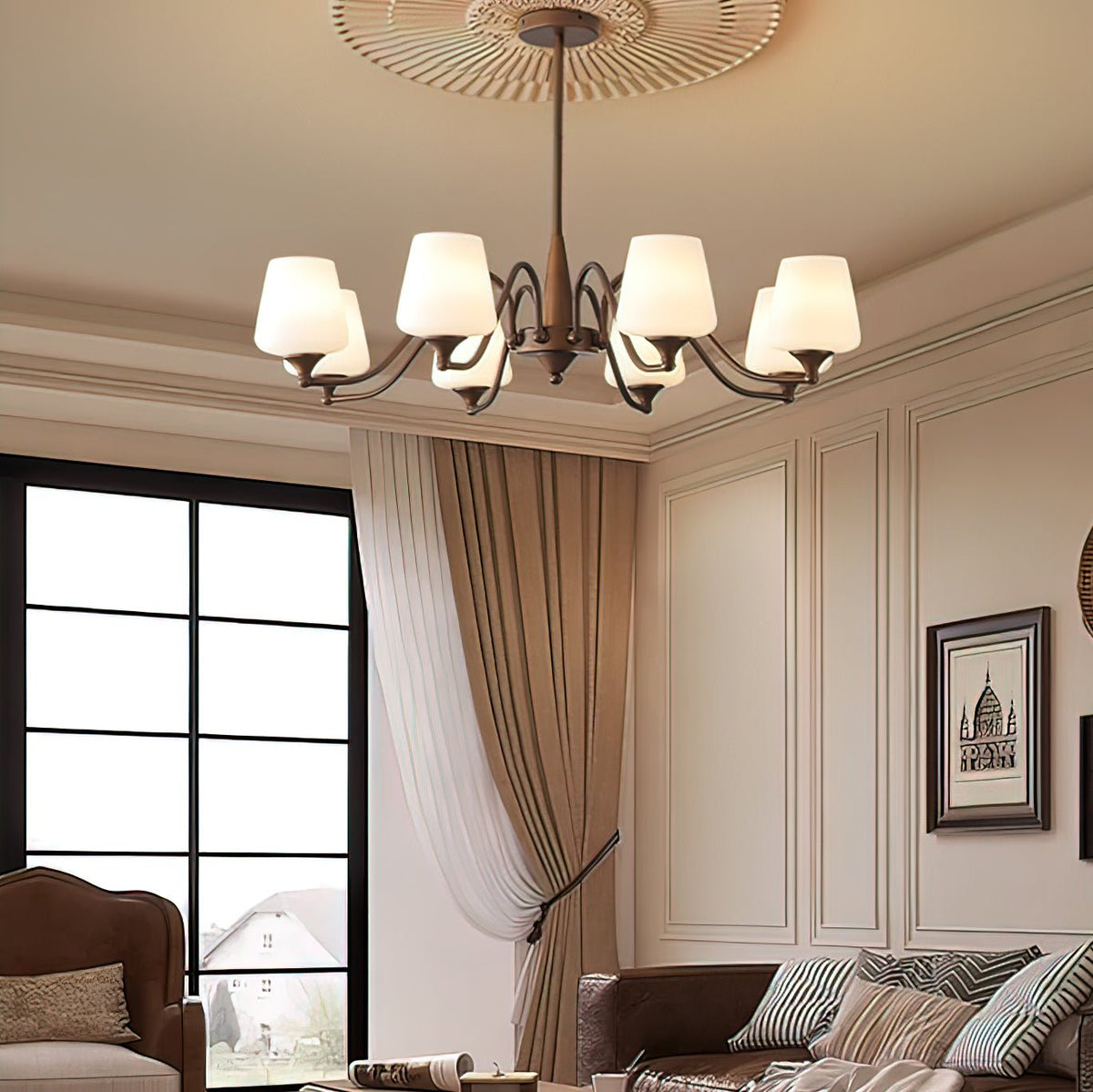 Ridge Chandelier in Brown and Frosted Glass for Dining Room and Living Room
