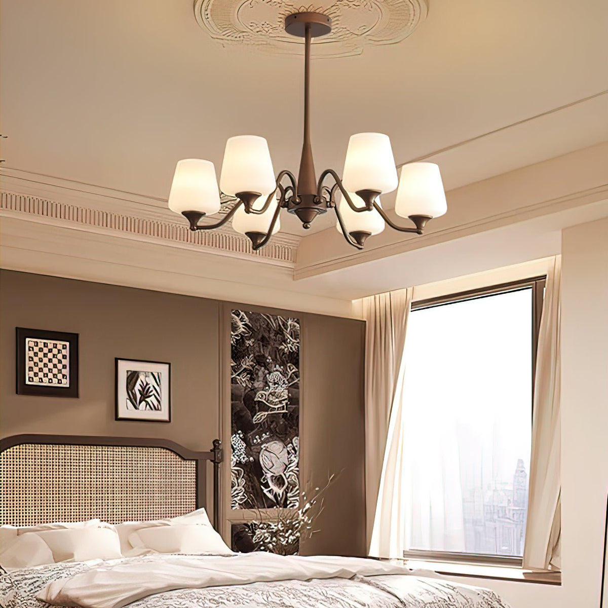 Ridge Chandelier in Brown and Frosted Glass for Dining Room and Living Room