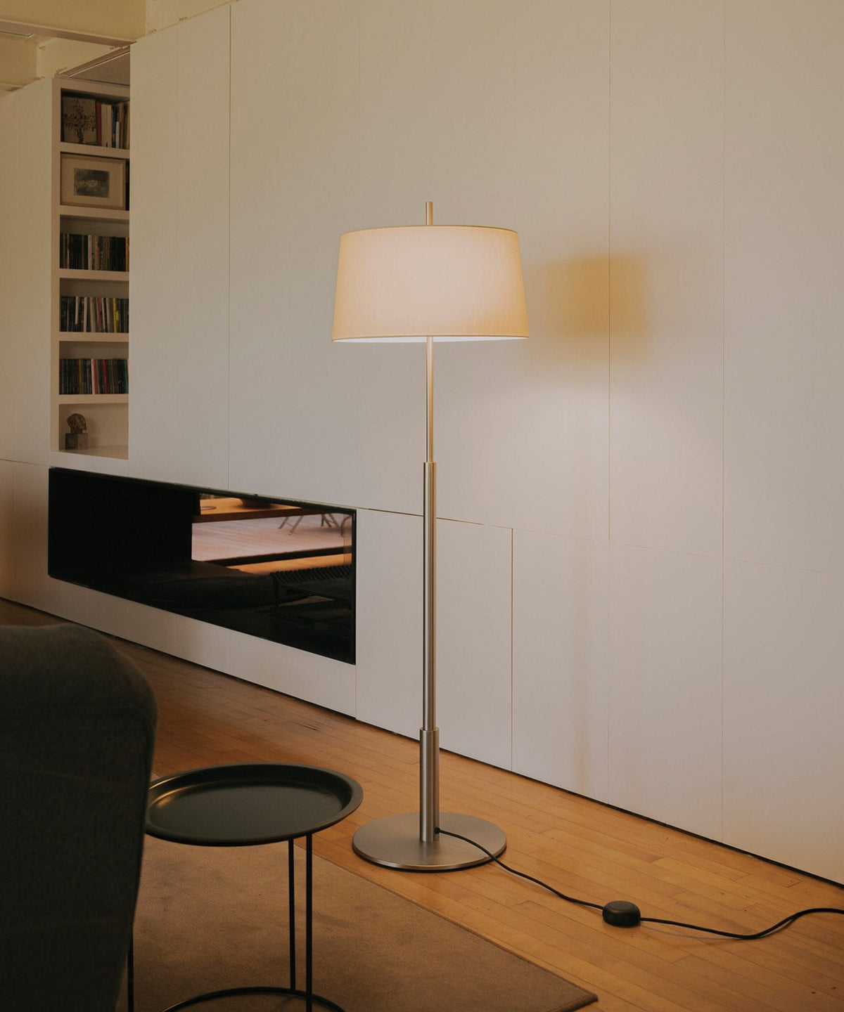 Rilume Modern Floor Lamp with Fabric Drum Shade in Nickel