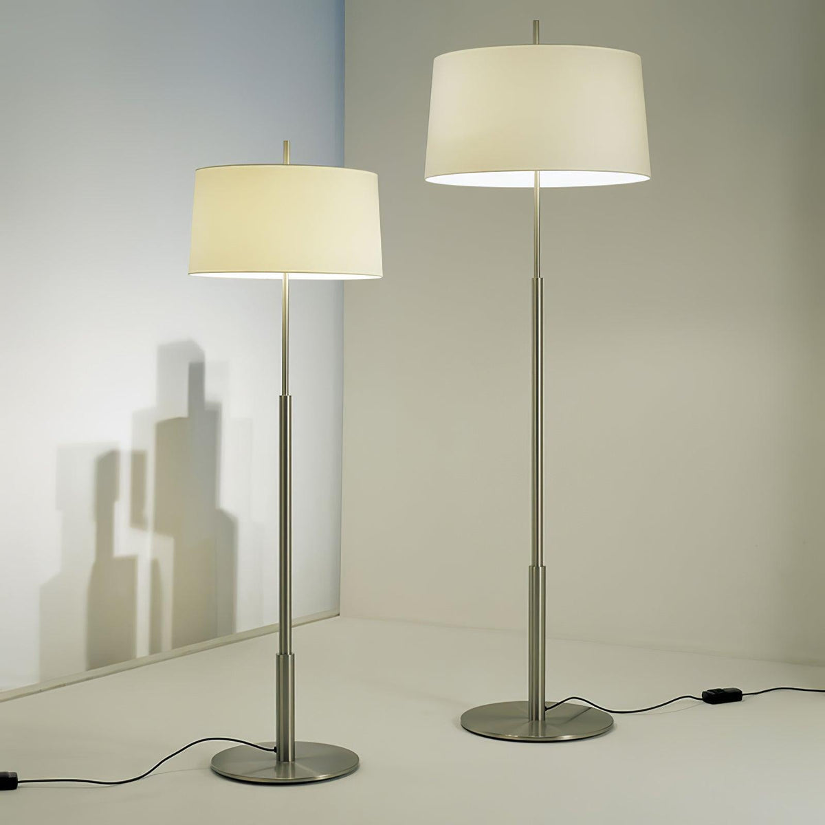 Rilume Modern Floor Lamp with Fabric Drum Shade in Nickel