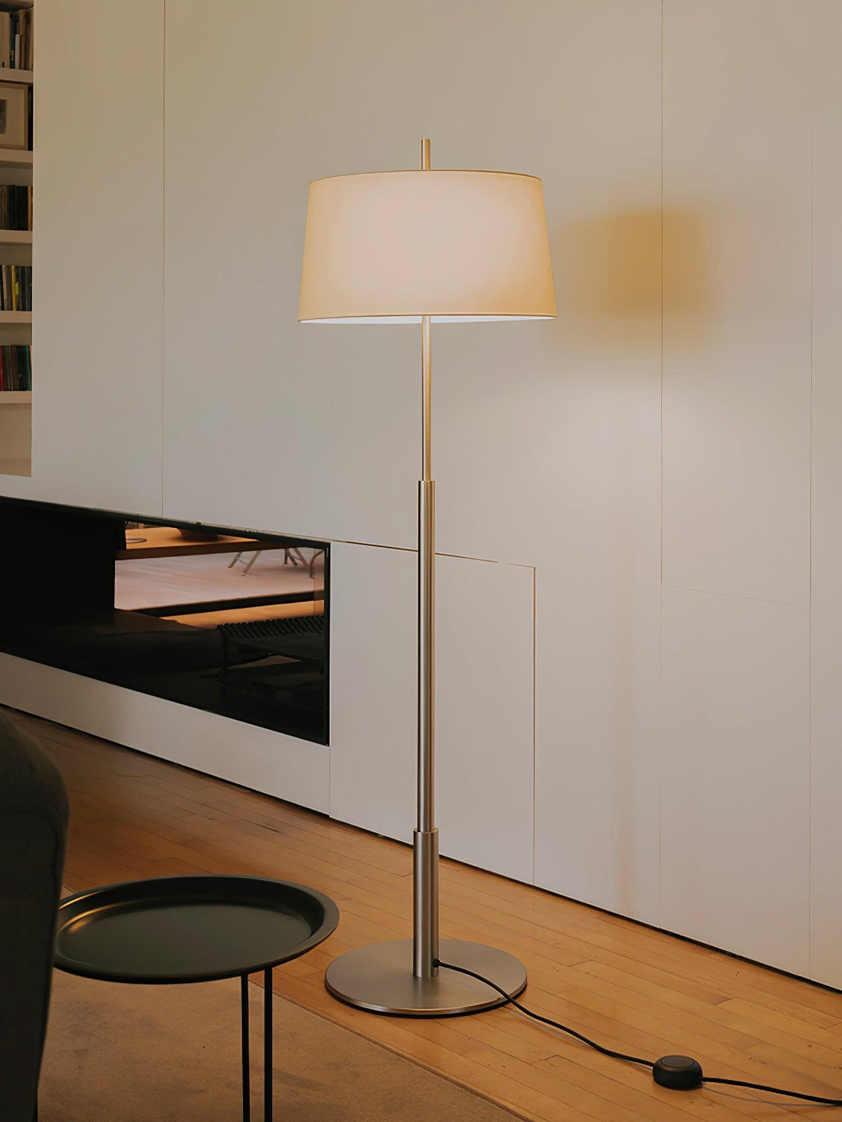 Rilume Modern Floor Lamp with Fabric Drum Shade in Nickel
