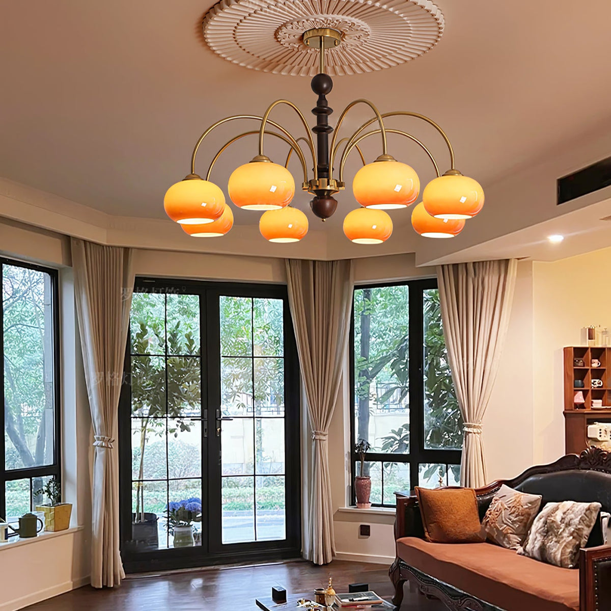 Ripe Persimmon Chandelier – Modern Glass & Wood Pendant Light for Dining Room