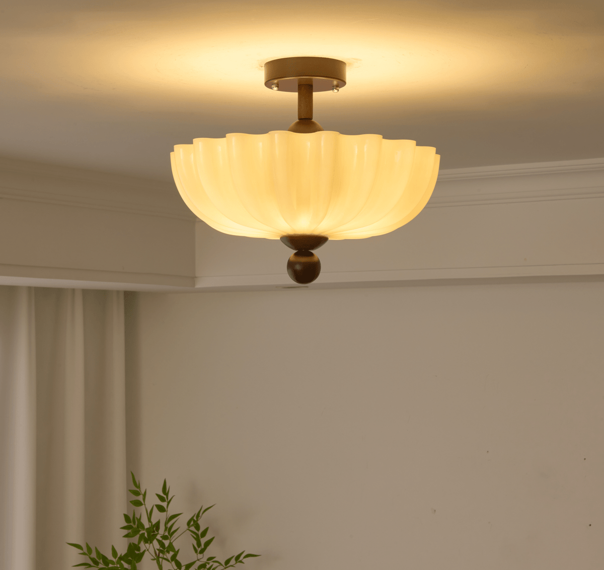 Rippling Bloom Flush Mount Ceiling Light in Opaline Glass and Walnut