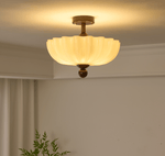 Rippling Bloom Flush Mount Ceiling Light in Opaline Glass and Walnut