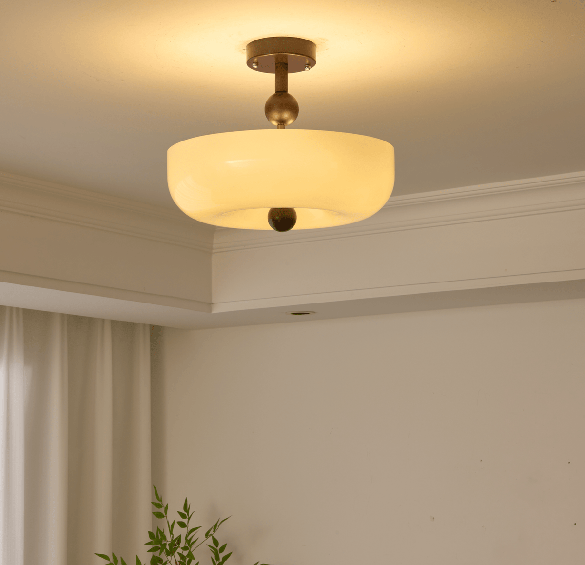 Rippling Bloom Flush Mount Ceiling Light in Opaline Glass and Walnut