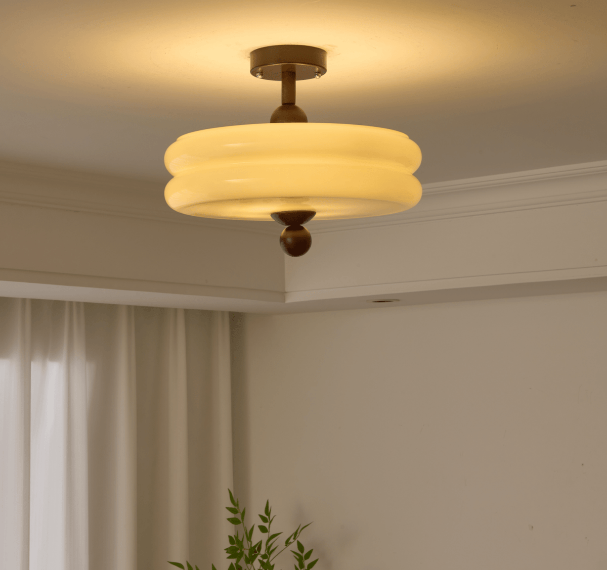 Rippling Bloom Flush Mount Ceiling Light in Opaline Glass and Walnut