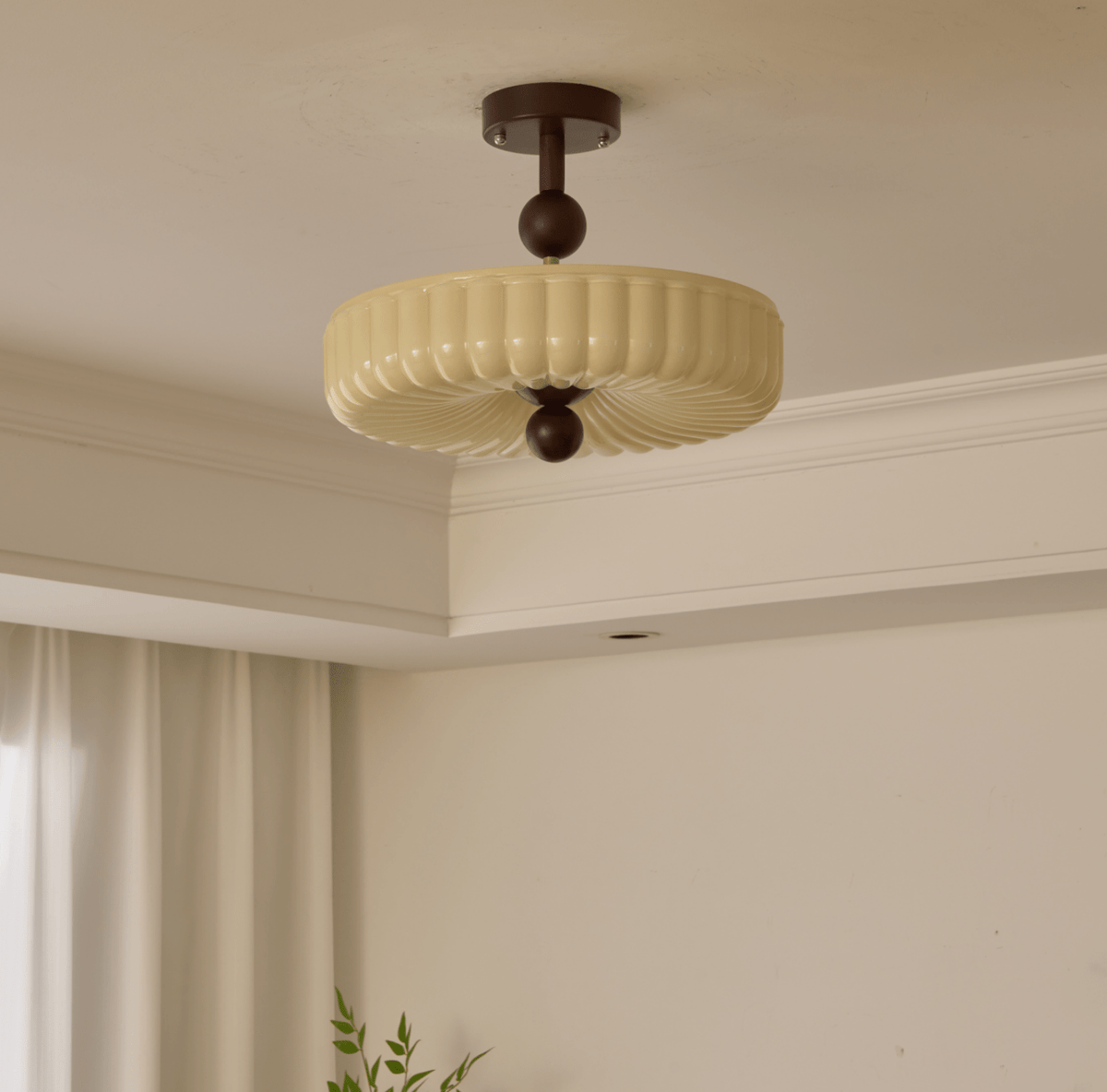 Rippling Bloom Flush Mount Ceiling Light in Opaline Glass and Walnut