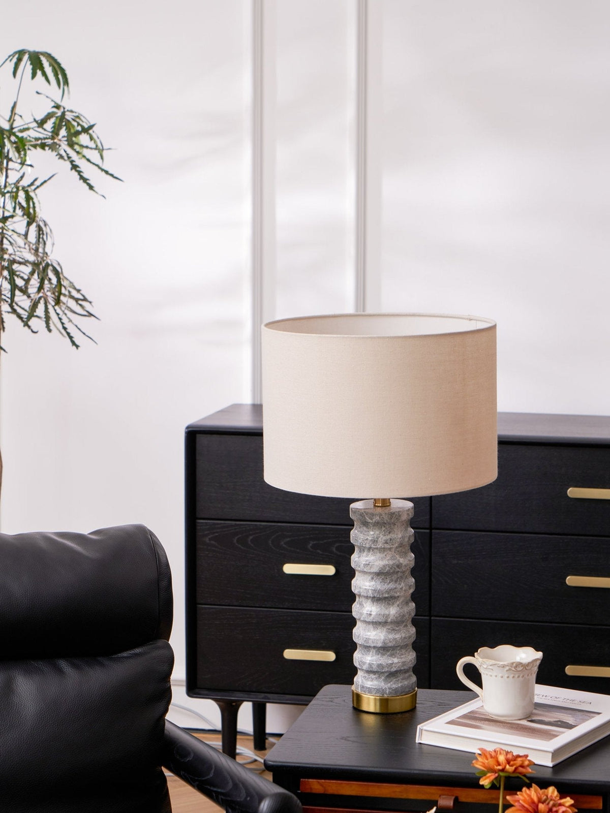 Rivara Stone Table Lamp – Sculptural Marble Base with Linen Shade