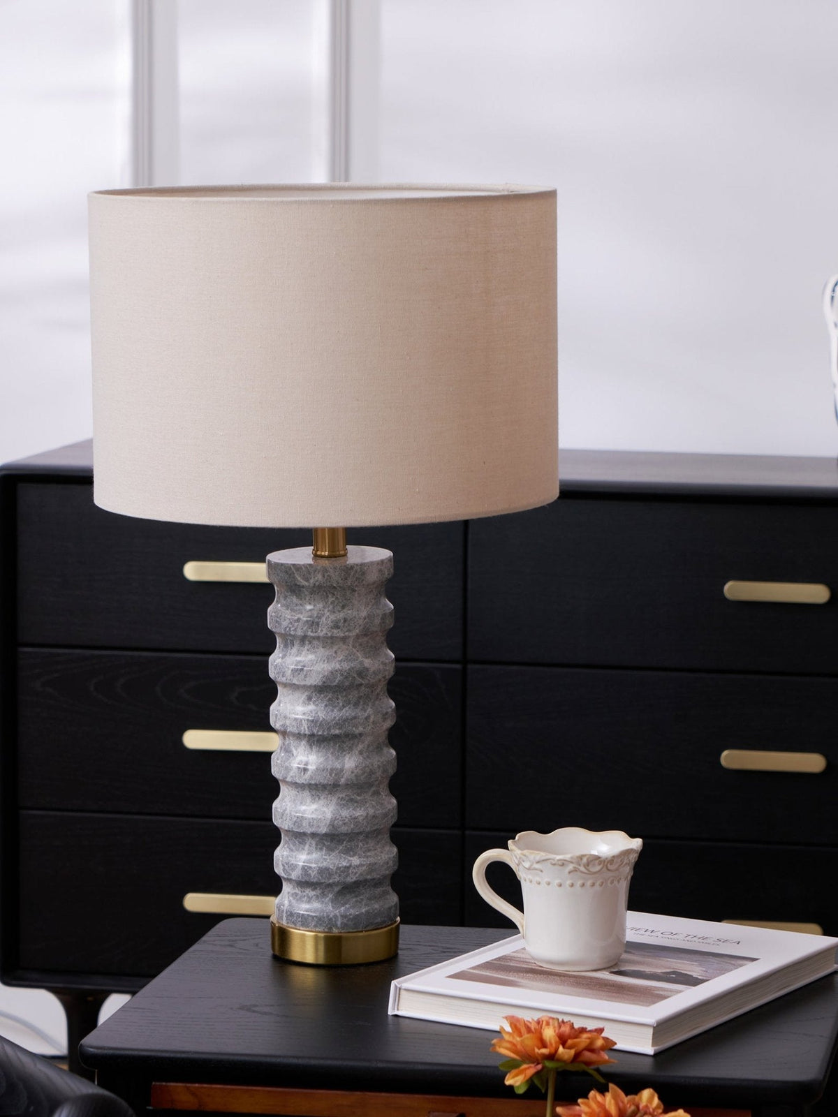 Rivara Stone Table Lamp – Sculptural Marble Base with Linen Shade
