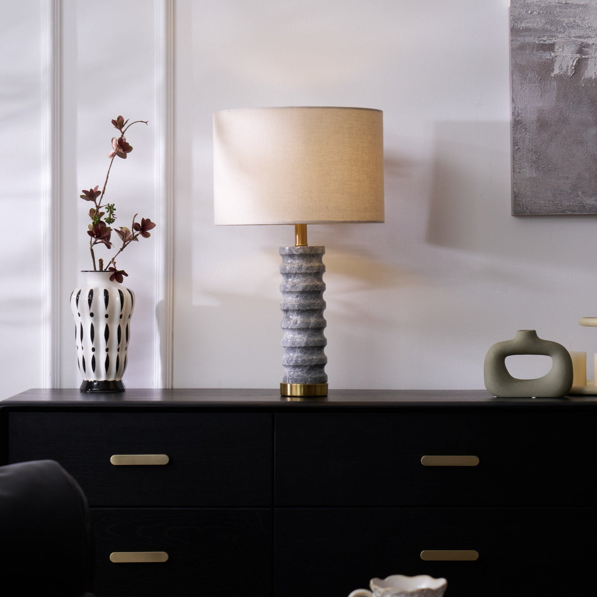 Rivara Stone Table Lamp – Sculptural Marble Base with Linen Shade