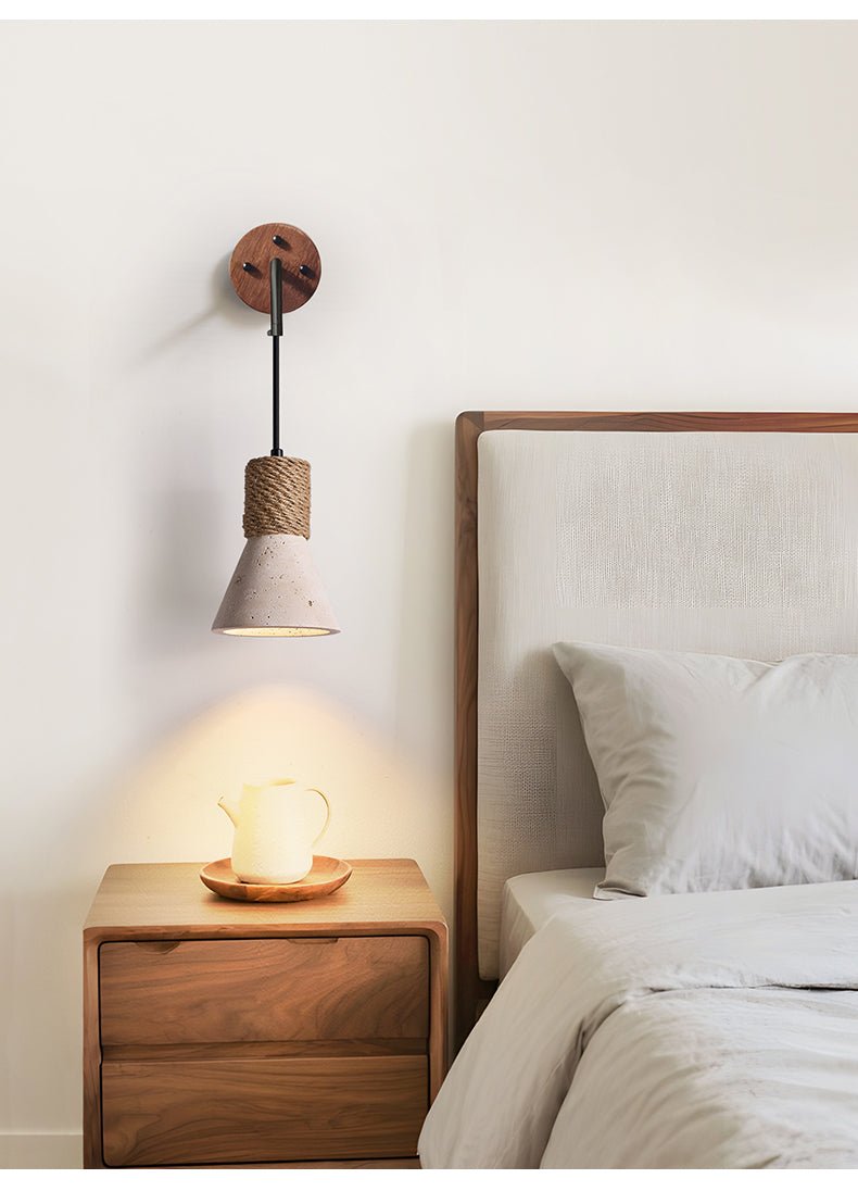 Rope Stone Cone Wall Sconce in Yellow Travertine and Walnut