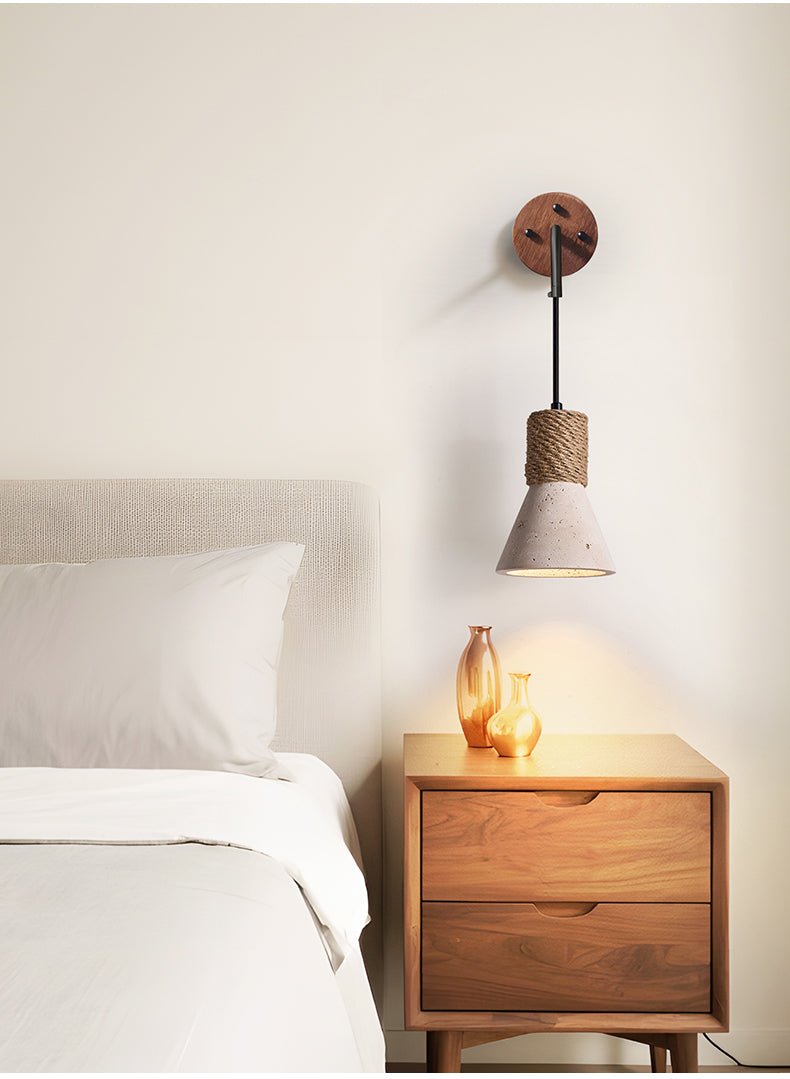 Rope Stone Cone Wall Sconce in Yellow Travertine and Walnut