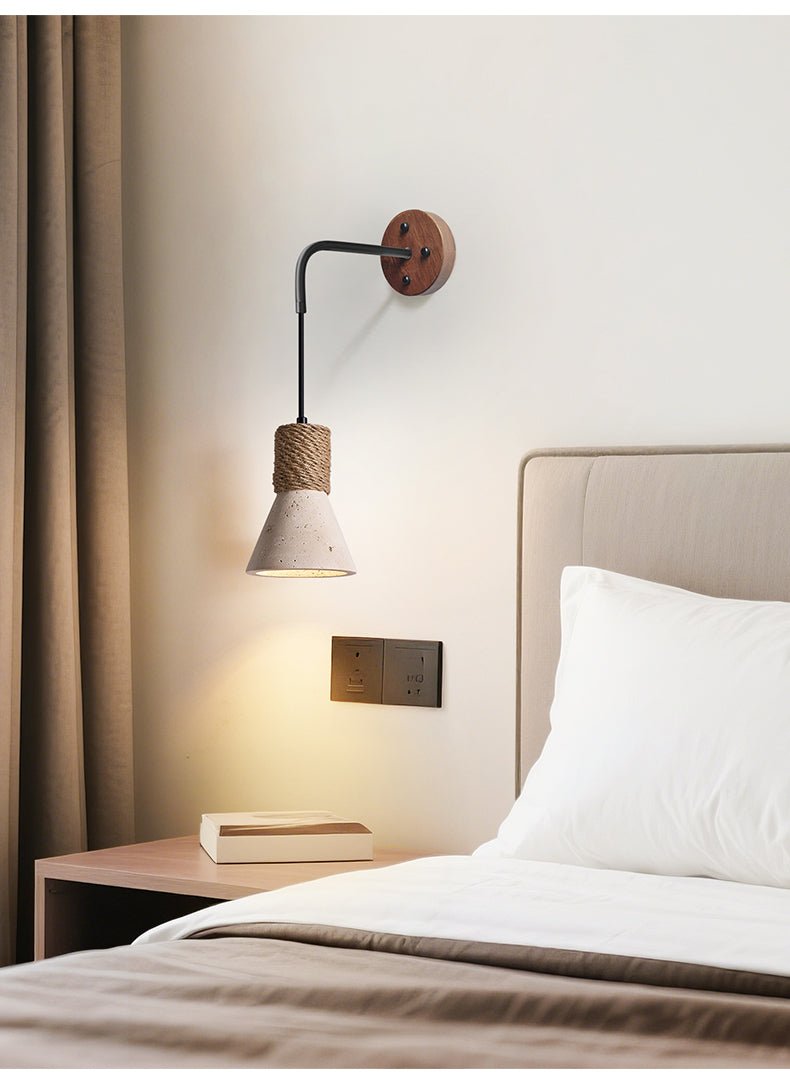 Rope Stone Cone Wall Sconce in Yellow Travertine and Walnut