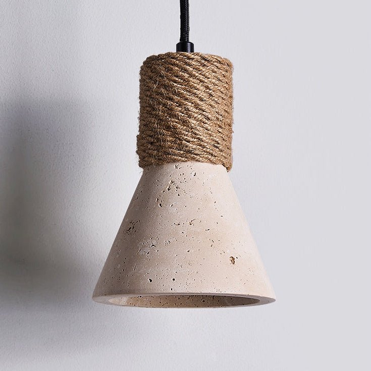 Rope Stone Cone Wall Sconce in Yellow Travertine and Walnut
