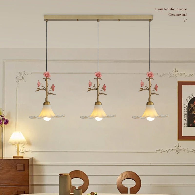 Rosaline Bloom Floral Pendant Light – Brass & Ceramic Designer Hanging Lamp
