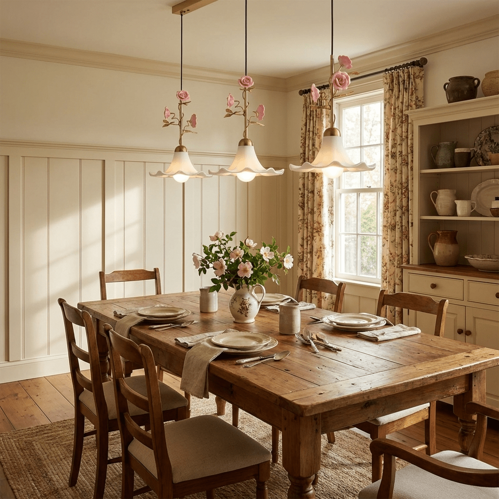 Rosaline Bloom Floral Pendant Light – Brass & Ceramic Designer Hanging Lamp