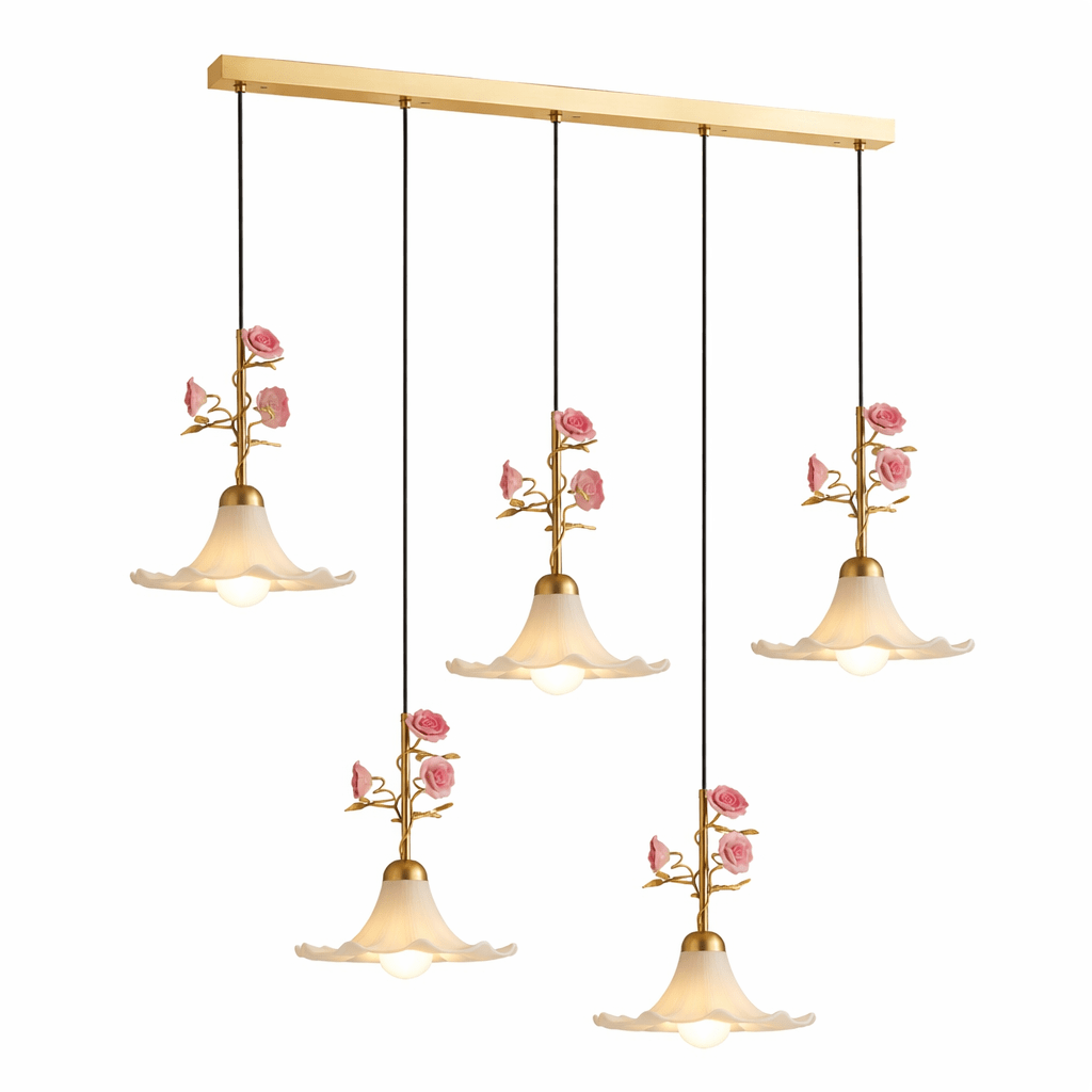 Rosaline Bloom Floral Pendant Light – Brass & Ceramic Designer Hanging Lamp