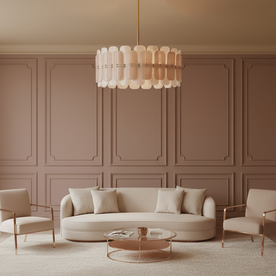 Rosalinne Petal Chandelier – Blush Pink & Ivory Glass, Copper Accents