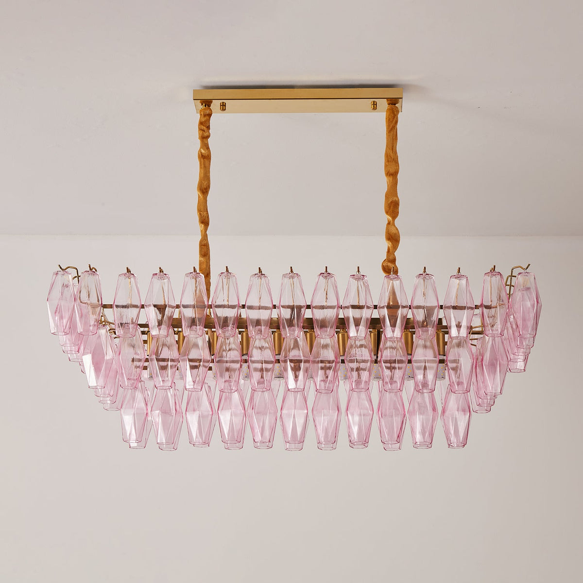 Rose Prism Glass Linear Chandelier in Gold for Dining Room and Kitchen Island